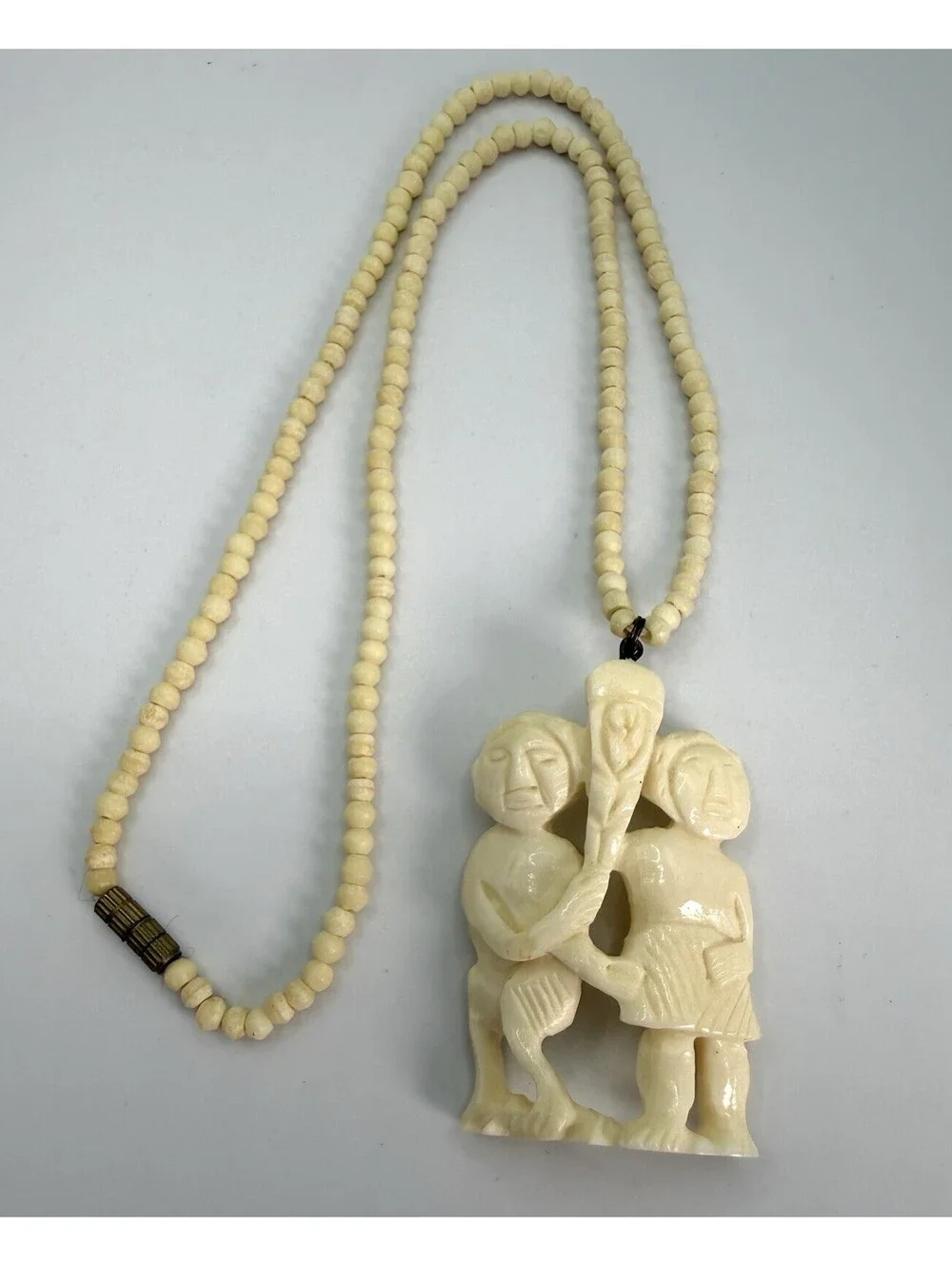 Vintage Hand Carved Tribal Figural Pendant Necklace Beaded Ethnic Folk Art